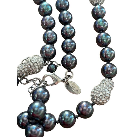 Black Pearl & Rhinestone Long Beaded Necklace 40" Hand-Knotted Elegant Jewelry - Picture 7 of 9